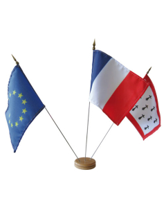 Lot de table = 1 socle + 1 drapeau France + 1 drapeau Europe + 1 drapeau Région 10x15cm
