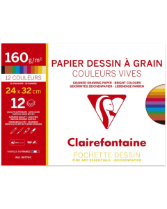 12 feuilles de papier dessin à grain - Couleurs vives - 160 g/m²