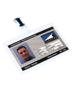 Boîte de 25 badges plastifiables horizontaux 58x92mm avec clip