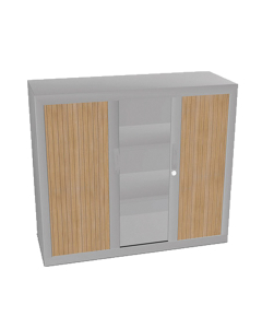 Armoire basse à rideaux 105x120 - Gris / Bois naturel