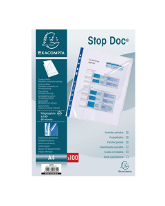 Etui carton de 100 pochettes perforées Stop doc ouverture en coin - polypropylène lisse 6/100e - A4 - Cristal