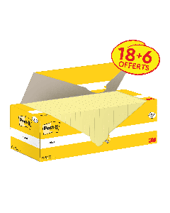 Lot de 18+6 blocs de notes repositionnables Notes Post-it® 76x76mm jaune