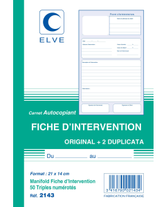Manifold imprimé "Carnet fiches s'intervenion" 14x21 cm autocopiant 50 tripli