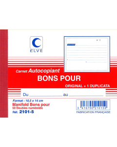 Manifold imprimé "Bon pour" 14x10.5cm autocopiant 50 dupli