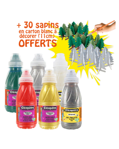 pack noel 4 flacons peinture acrylique coloris assortis + 2 flacons gel paillete 250ml + 30 sapins cartons a decorer