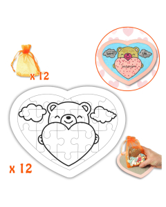 12 puzzles cœurs carton imprimes + 12 pochons