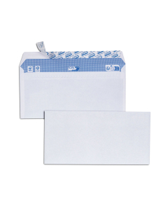 La boîte de 500 enveloppes blanches 110x220, 90g, bande de protection, Qualité+, impression noire/bleu reflex