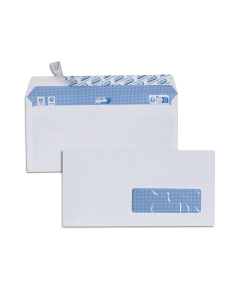 La boîte de 500 enveloppes blanches 110x220, 90g, à fenêtre 35x100, bande de protection, Qualité+, impression noire/bleu reflex