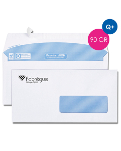 La boîte de 500 enveloppes blanches 110x220 personnalisées, 90g, à fenêtre 35x100, bande de protection, Qualité+, impression noire/bleu reflex