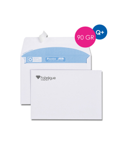 La boîte de 500 enveloppes blanches 162x229 personnalisées, 90g, bande de protection, Qualité+, impression noire/bleu reflex