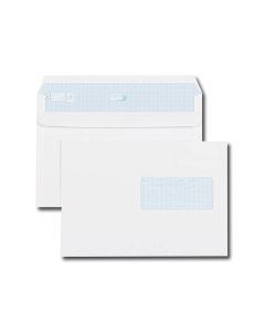 La boîte de 500 enveloppes blanches 162x229, 90g, bande de protection, Qualité+, impression noire/bleu reflex