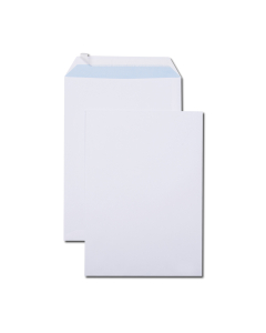 La boîte de 250 pochettes blanches 229x324, 90g, bande de protection, Qualité+, impression noire/bleu reflex
